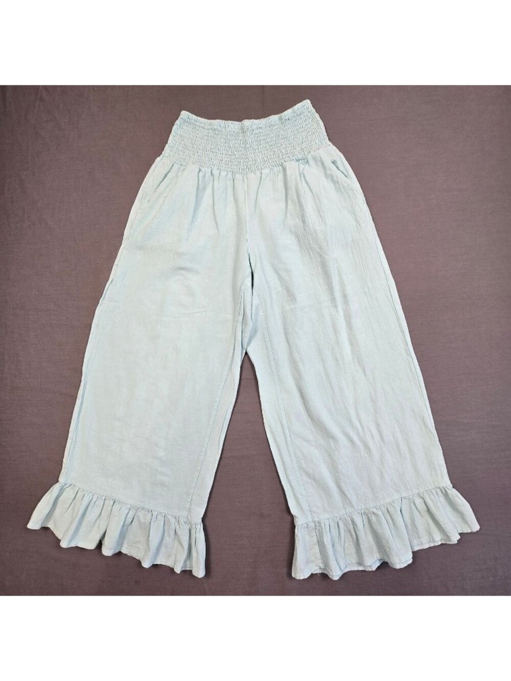 Ruffled Hem Pants Size Small Light Blue Elastic Smocked Waist Relaxed Wide Leg
